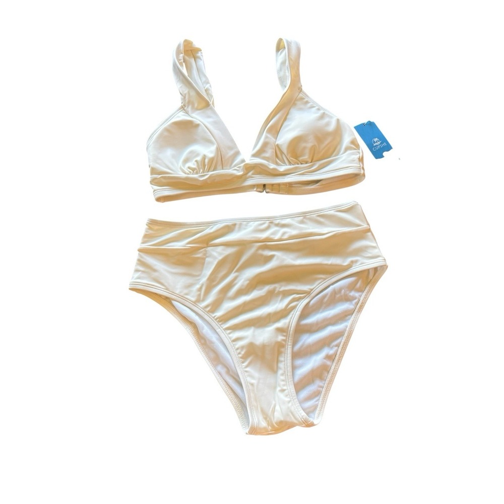 NWT CUPSHE Cream Bikini Set Deep V-Neck Top and High-Waisted Bottoms Size S